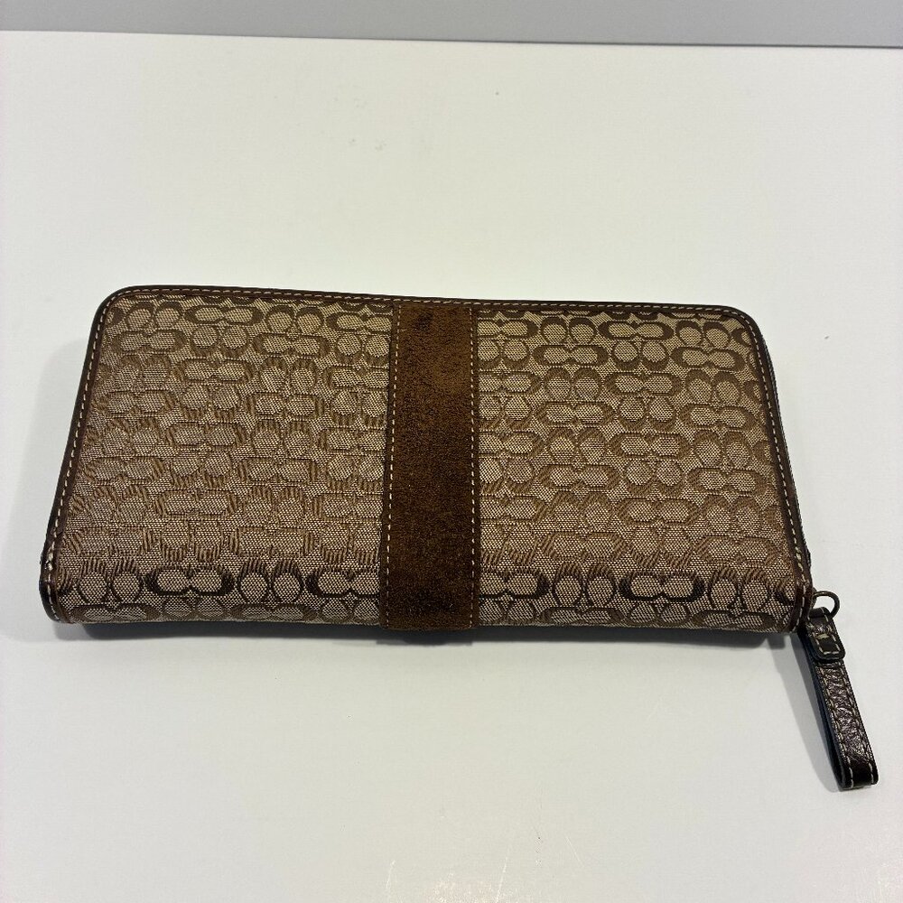 Coach Signature Stripe Zip-Around Wallet – Brown Canvas & Suede